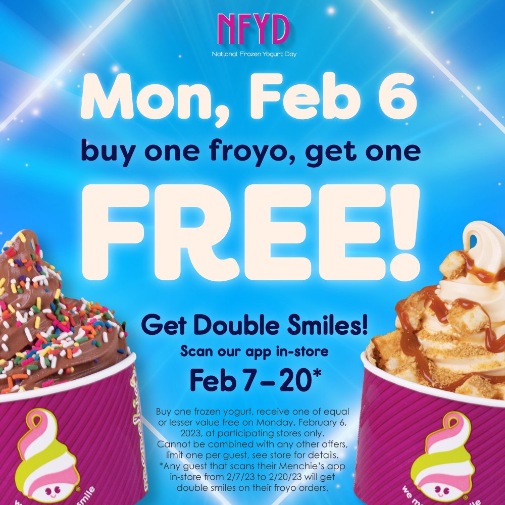 MyMenchies's tweet photo. Are you joining us for Buy One Froyo, Get One FREE in honor of National Frozen Yogurt Day on Feb. 6th? Let us know who you’re bringing with you in the comments! #Menchies #FrozenYogurt #Froyo #NFYD #Celebration #BOGO #NationalFrozenYogurtDay https://t.co/YhwKlVB4JD