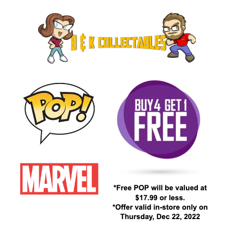 BKCollectables's tweet photo. Here's the Thursday deal of our in-store #weekofdeals before #christmas!
Buy any 4 Marvel #funkoPOPs and get a 5th one $17.99 or under for free!
Open 11am to 6pm. https://t.co/Efs2tbnFBE