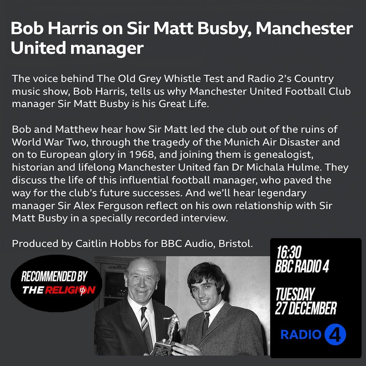 ManUtdTheRelig's tweet photo. Don't miss this #BusbyTribute that my good friend 'Whispering' Bob Harris promises will be fabulous. 

Make a date in your holiday schedule to listen in on @BBCRadio4 

@WhisperingBob tells me  #SirAlexFerguson has made a stellar contribution

LINK https://t.co/Y4HGqJH5Yr https://t.co/S83ytFCgFJ