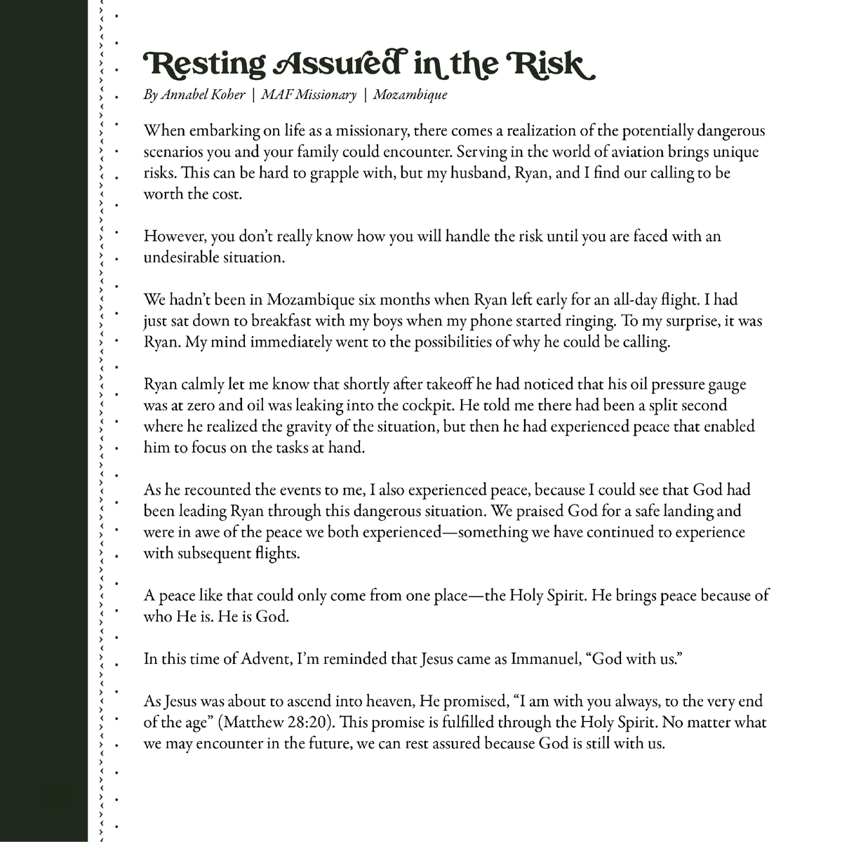 maf_us's tweet photo. Annabel Koher, Ryan's wife who is still detained in Mozambique, wrote on the topic of peace. It's too good not to share today's devotion.

Please continue to #PrayForPilotRyan. #iflyMAF https://t.co/J04zbpMvR1