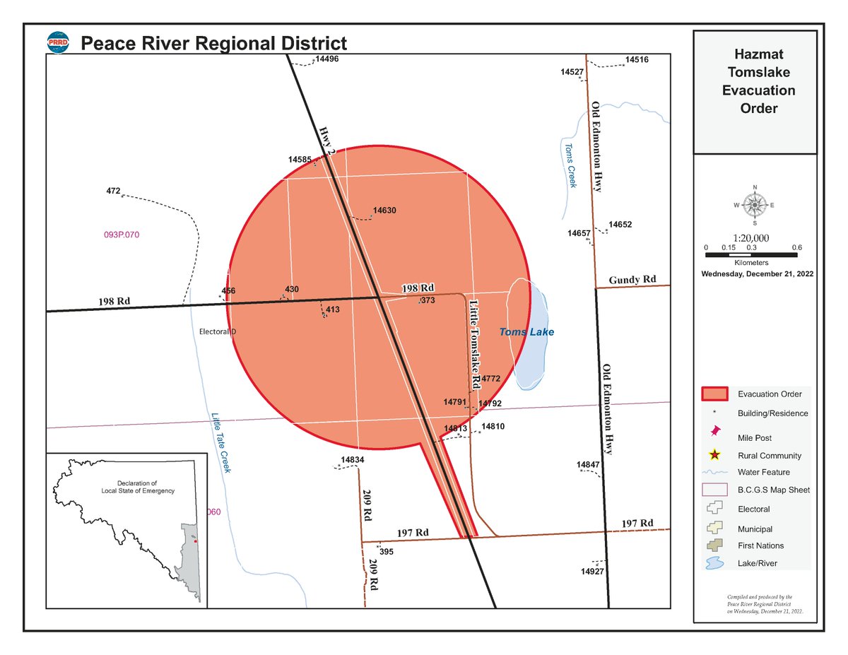 prrdistrict's tweet image. An Evacuation Order has been issued for a defined area of Tomslake due to immediate danger to life, safety, and health due to a HAZMAT MVI involving a Tanker Truck. Evacuees, please register at the Reception Centre by calling 250-263-3109.  For more info prrd.bc.ca