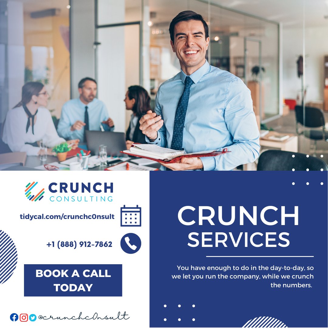 crunchc0nsult's tweet image. Crunch Consulting specializes in personalized, one-on-one attention for small, mid-size and large companies across the nation. 
Crunch Consulting provides expertise in accounting, finance, and tax preparation services.

Get 20% OFF on your first service with us! 
#WeCrunchNumbers