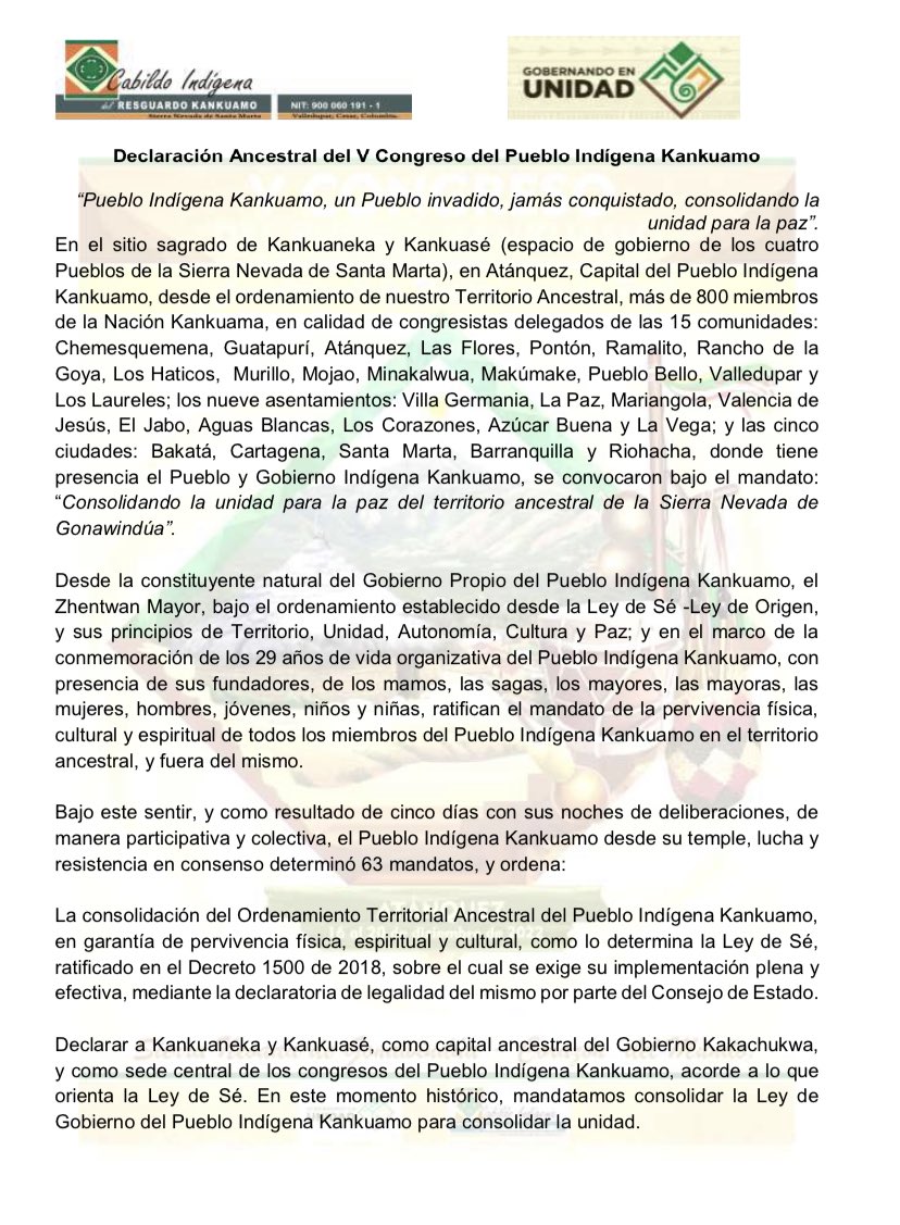 Jaimeluiskan's tweet photo. #ConsolidandolaUnidadparaLaPaz Declaración Ancestral y Política del #VCongresodelPuebloKankuamo Mandato el Gobierno de la Vida, el Equilibrio y La Paz Integral; historico y visionario Tod@s Gobernando para mantener el legado #UnPuebloInvadido pero #JamasConquistado @petrogustavo https://t.co/orZymsGV2R