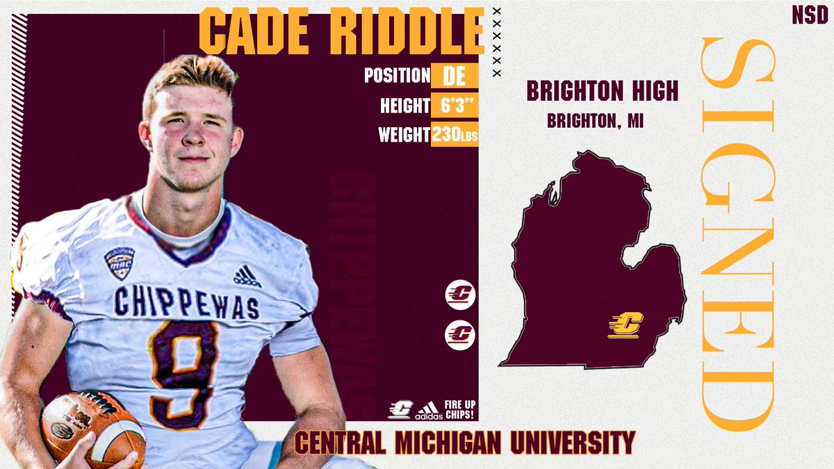 CMU_Football's tweet photo. Welcome home, Cade Riddle!

➡️➡️ https://t.co/UfsaGNrsz7

#FireUpChips | #CMUSigningDay2023🔥⬆️🏈 https://t.co/D7Nrv4trPn