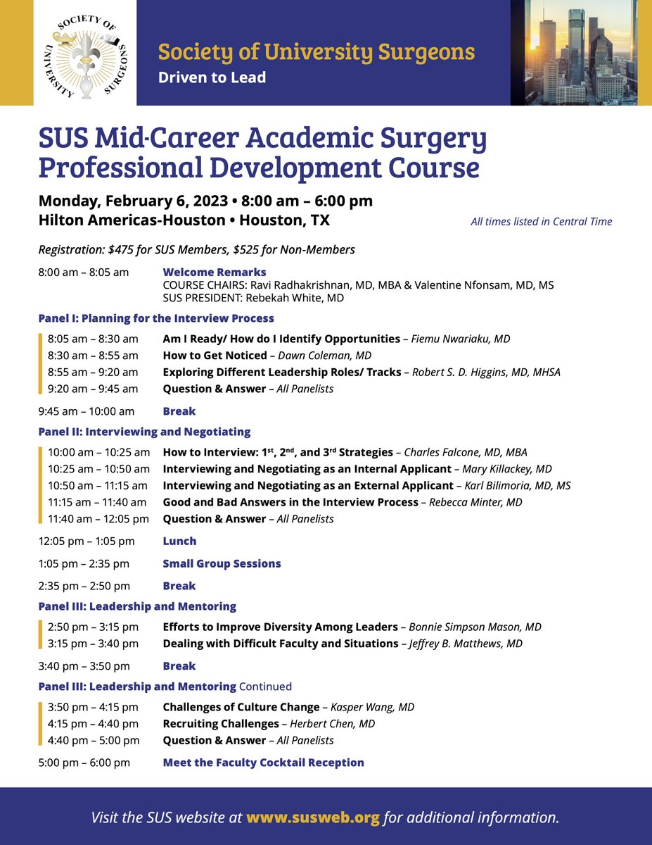 Society of University Surgeons (SUS) (@univsurg) on Twitter photo Don't forget to register for <a href="/UnivSurg/">Society of University Surgeons (SUS)</a> Mid Career Professional Development Course academicsurgicalcongress.org/registration/ Don't forget to register for <a href="/UnivSurg/">Society of University Surgeons (SUS)</a> Mid Career Professional Development Course academicsurgicalcongress.org/registration/
