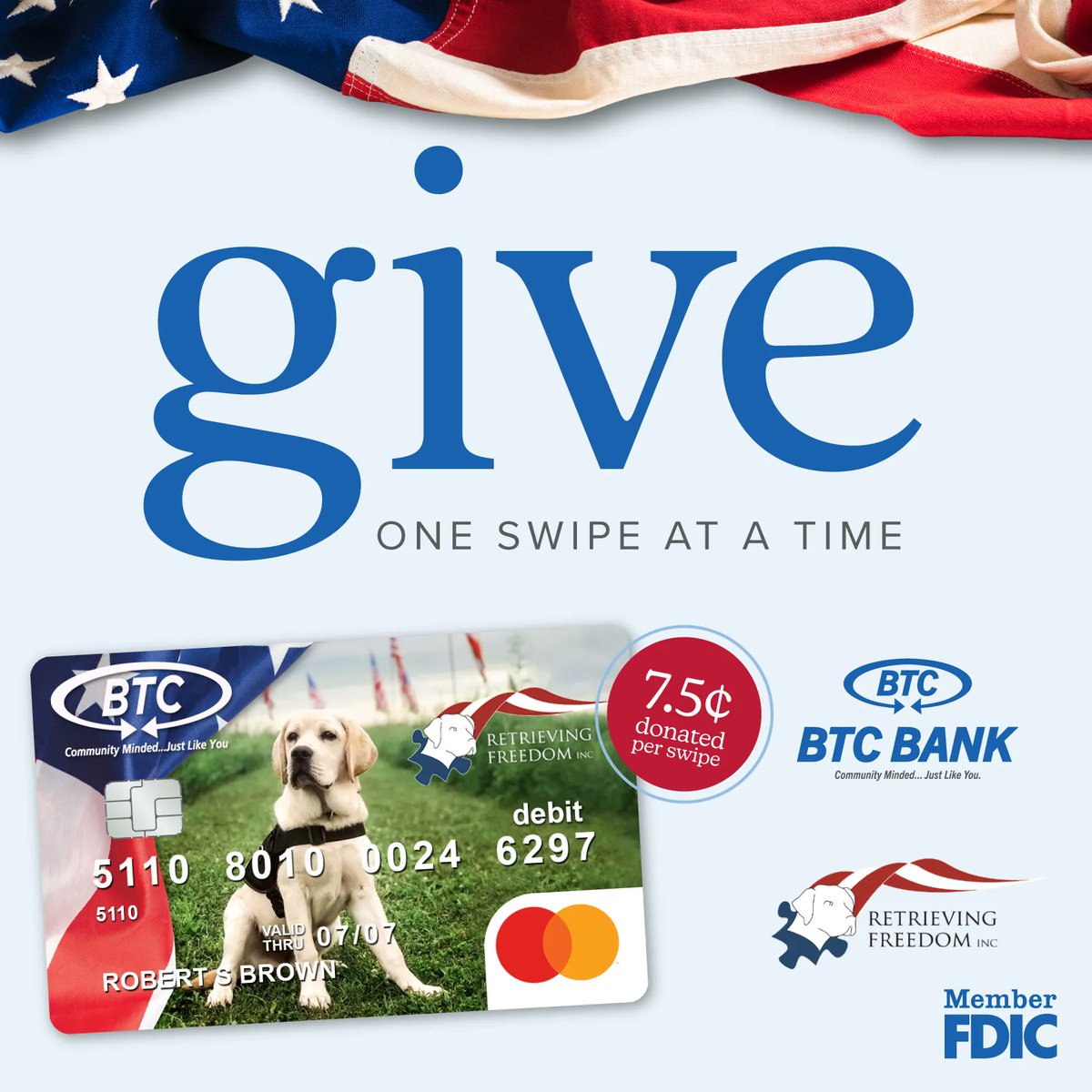 Anyone seeking a rewarding giveback experience this holiday season - look no further! Sign up for your Retrieving Freedom Mascot Debit Card at BTC Bank - 7.5 cents per swipe is donated back to RFI from BTC Bank!! 🐶🐾
#bank #mascot #give