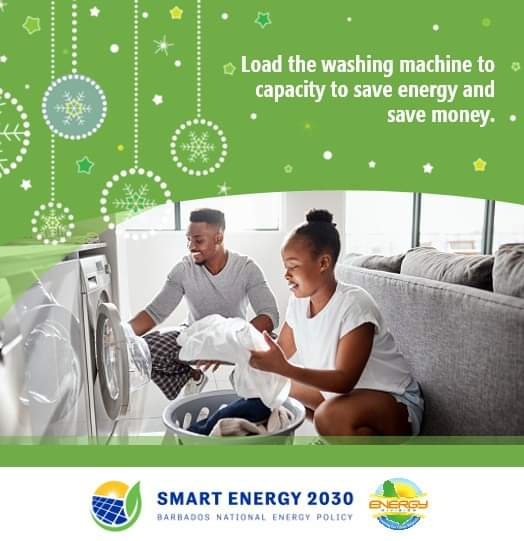 It's time for Christmas cleaning. 🎄 Remember to load the washing machine to capacity when possible. Washing one large load will take less energy than washing two loads on a low or medium setting. smartenergybarbados.com/smart-homes/sm… #smartenergyholidaytips #smartenergy2030 #Barbados