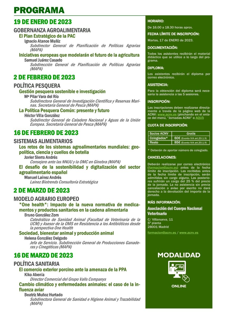 ACN_Veterinario's tweet photo. VIII CICLO DE JORNADAS DE FORMACIÓN (ON LINE) 
Desde la @ACN_Veterinario, Jornadas impartidas por expertos en todos aquellos temas que en este momento desafían el Sector ganadero, agroalimentario y pesquero, y que son de fundamental conocimiento.
Te adjuntamos el programa👇🏾 https://t.co/OzfVLyHPZ8