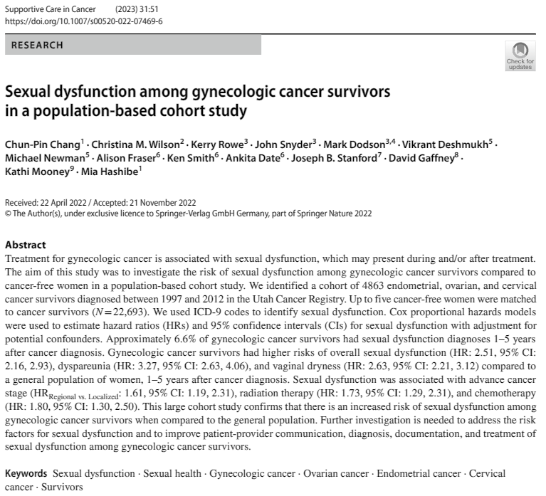 CP Chang (Esther) (@esther_cp_chang) on Twitter photo Read our latest #research on #SexualDysfunction and #GynecologicCancerSurvivors, published with <a href="/SpringerNature/">Springer Nature</a> in <a href="/MASCC_JSCC/">Supportive Care in Cancer: Springer Journal</a> Read here: rdcu.be/c1L2E
It's been a pleasure working with <a href="/cmwilson1113/">Christina Wilson, PhD, WHNP-BC</a> !
<a href="/huntsmancancer/">Huntsman Cancer Institute</a> <a href="/UofUMedicine/">Spencer Fox Eccles School of Medicine</a> @uofu_dfpm
#CancerSurvivors Read our latest #research on #SexualDysfunction and #GynecologicCancerSurvivors, published with <a href="/SpringerNature/">Springer Nature</a> in <a href="/MASCC_JSCC/">Supportive Care in Cancer: Springer Journal</a> Read here: rdcu.be/c1L2E
It's been a pleasure working with <a href="/cmwilson1113/">Christina Wilson, PhD, WHNP-BC</a> !
<a href="/huntsmancancer/">Huntsman Cancer Institute</a> <a href="/UofUMedicine/">Spencer Fox Eccles School of Medicine</a> @uofu_dfpm
#CancerSurvivors