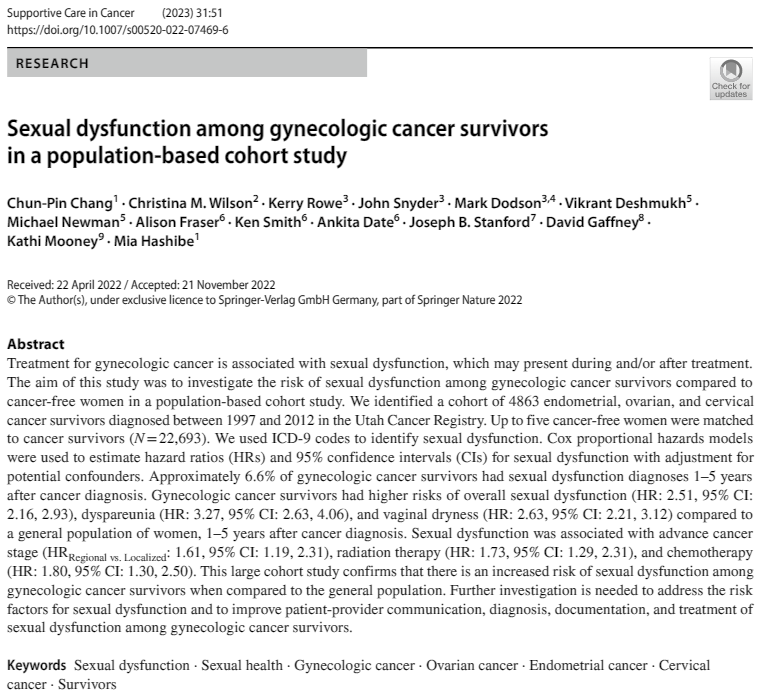 Read our latest #research on #SexualDysfunction and #GynecologicCancerSurvivors, published with @SpringerNature in @MASCC_JSCC Read here: rdcu.be/c1L2E It's been a pleasure working with @cmwilson1113 ! @huntsmancancer @UofUMedicine @uofu_dfpm #CancerSurvivors