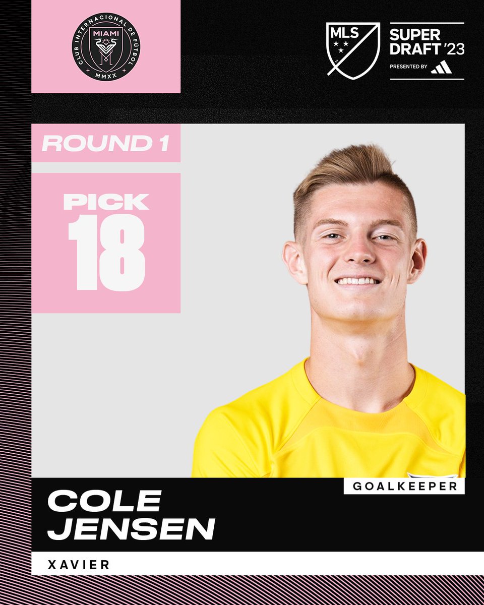 MLS's tweet photo. With the No. 18 overall pick in the 2023 MLS #SuperDraft, @InterMiamiCF select goalkeeper Cole Jensen. https://t.co/XraDniU0xy