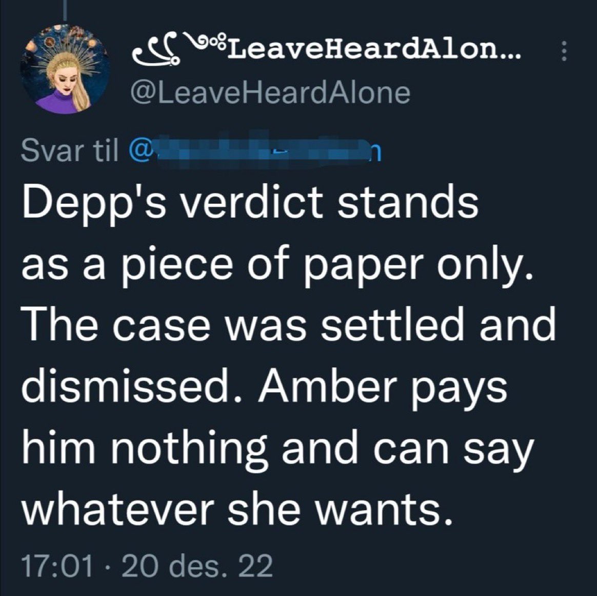 The appeal was dismissed not the verdict. 
She can be sued again for defamation this isn’t a double jeopardy case here. 
I mean how illiterate and clueless can you truly be?
Oh wait… it’s a Heard simp. That explains everything 🤦🏻‍♀️
#JohnnyDeppisFree #AmberHeardlsALiar