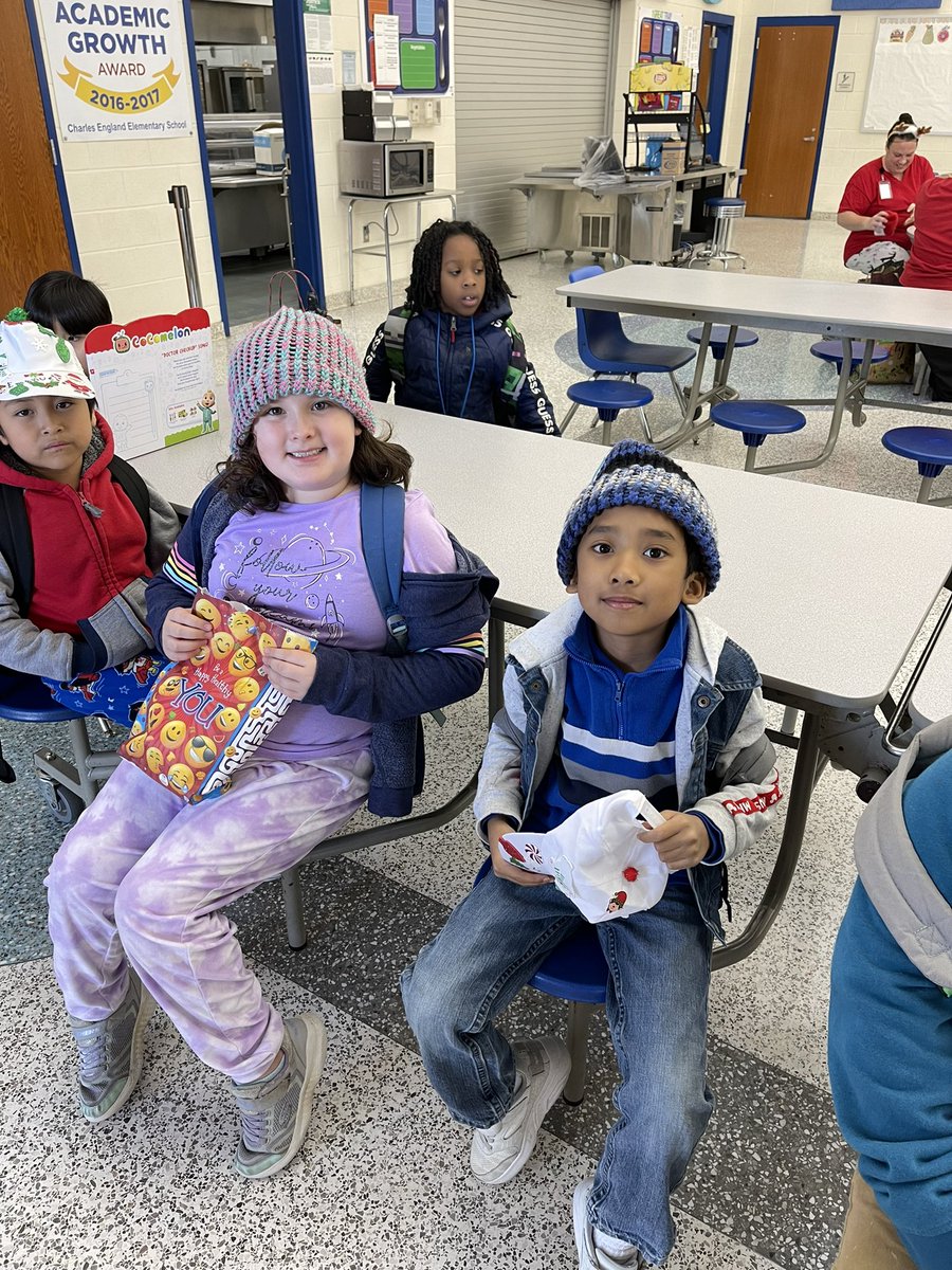 mrslohr4's tweet photo. Some our sweet babies, ready for break, in their brand new hats! We had some wonderful churches donate these handmade hats to our students. They were an absolute hit!! @CEES_Jackets https://t.co/g5YwJBUfmx