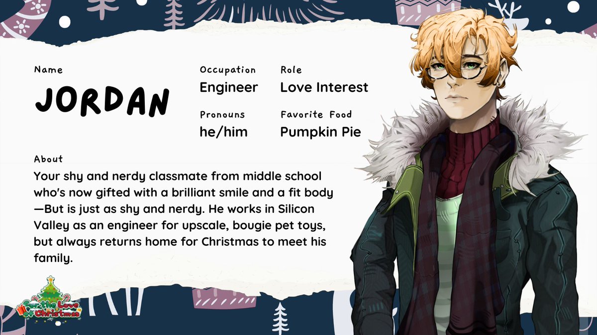 WisteriaRealms's tweet photo. We're late for Day 7 of our #12DaysofChristmas event, but we've got Jordan's bio! He's a shy engineer with a sweet tooth and a hobby of working out❄️#visualnovel #gamedev #boyslove https://t.co/GyVEEiuG9p