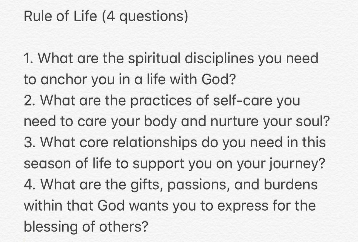 richvillodas's tweet photo. Here are 4 core questions to help you build a Rule of Life. 

These questions are created with prayer, self-care, community, and mission in mind. https://t.co/9aSVLigpJs