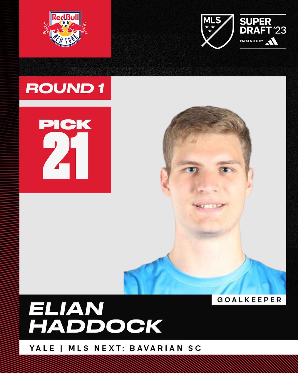 MLS's tweet image. With the No. 21 overall pick in the 2023 MLS #SuperDraft, @NewYorkRedBulls select goalkeeper Elian Haddock.