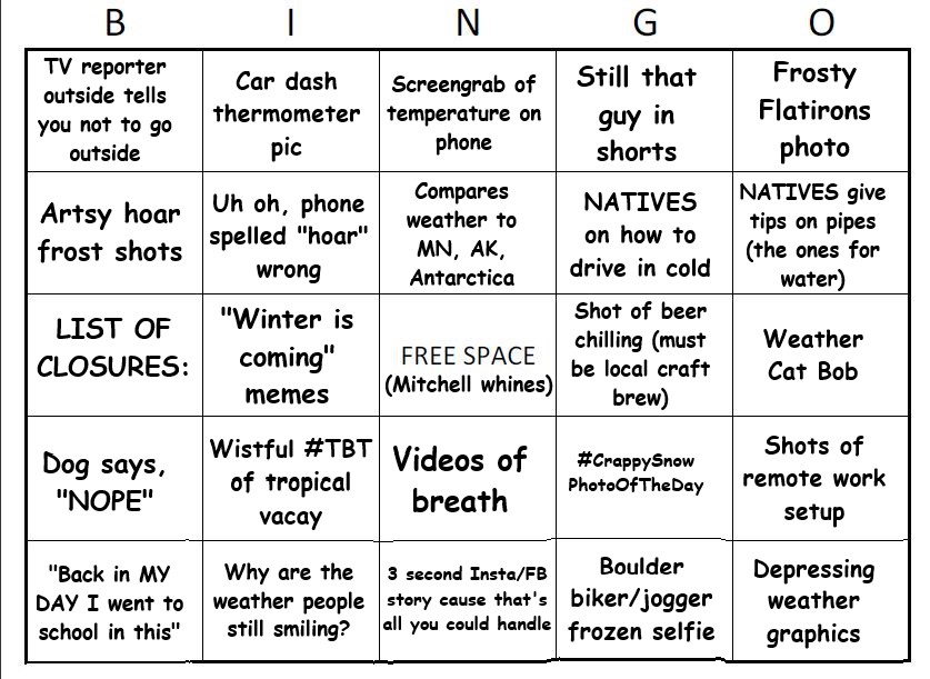 It is time for a special "Oh s**t it's cold" edition of WEATHER Bingo. Winner gets a blue checkmark #cowx #Boulder