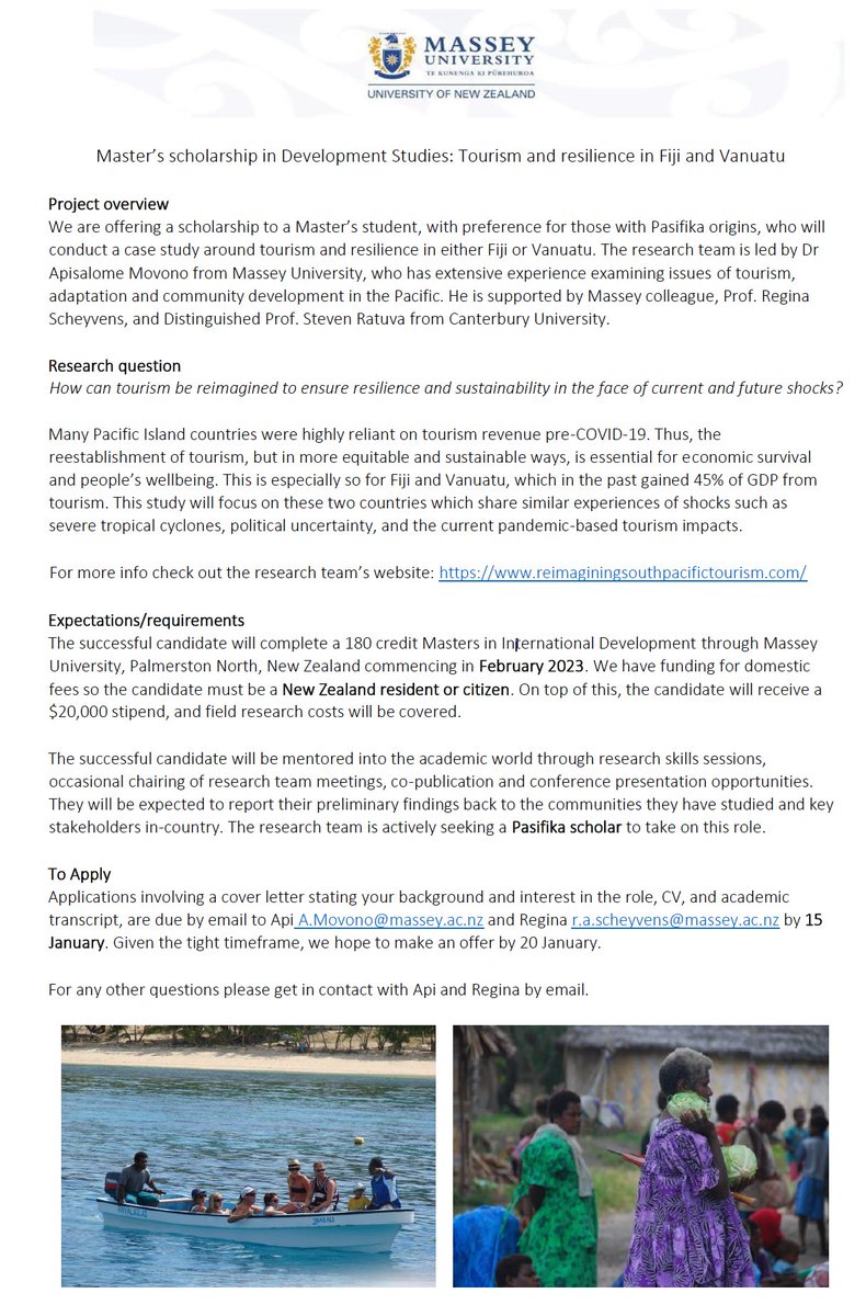 IDS_Massey's tweet photo. Would you like to receive a Master's scholarship and have your fees and field work costs covered for 2023? Then check out this scholarship to do the Master of International Dev at Massey IDS, including a research project focusing on tourism and resilience in Fiji or Vanuatu. https://t.co/WNEypMIiMJ
