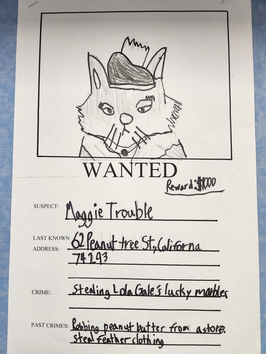HeatherRedin's tweet photo. Capping off our mystery unit with wanted posters of our suspects! Check out their amazing work! #wiltonwayct #wpscmsocial #mystery https://t.co/MKwH55Usnj