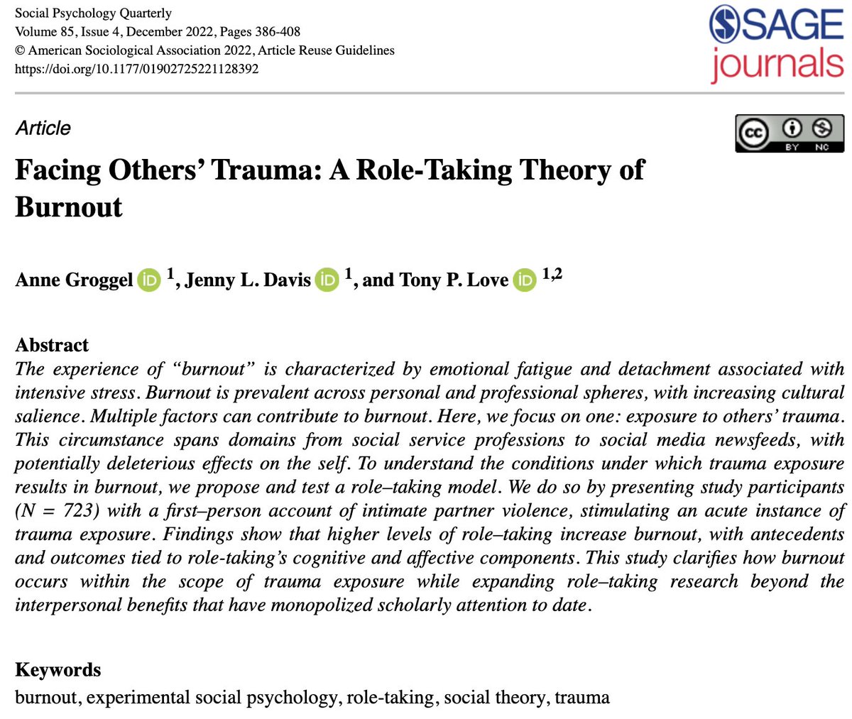 Social Psychology Quarterly (@spquarterly) on Twitter photo Check out our open access article- “Facing Others’ Trauma: A Role-Taking Theory of Burnout” by <a href="/A_grogg/">Anne Groggel</a>, <a href="/Jenny_L_Davis/">Jenny Davis</a>, and <a href="/tonyplove/">Dr. Love</a> in #SPQ!
journals.sagepub.com/doi/10.1177/01…
<a href="/ASASocPsych/">Social Psychology Section - ASA</a> <a href="/socmentalhealth/">Sociology of Mental Health</a> Check out our open access article- “Facing Others’ Trauma: A Role-Taking Theory of Burnout” by <a href="/A_grogg/">Anne Groggel</a>, <a href="/Jenny_L_Davis/">Jenny Davis</a>, and <a href="/tonyplove/">Dr. Love</a> in #SPQ!
journals.sagepub.com/doi/10.1177/01…
<a href="/ASASocPsych/">Social Psychology Section - ASA</a> <a href="/socmentalhealth/">Sociology of Mental Health</a>