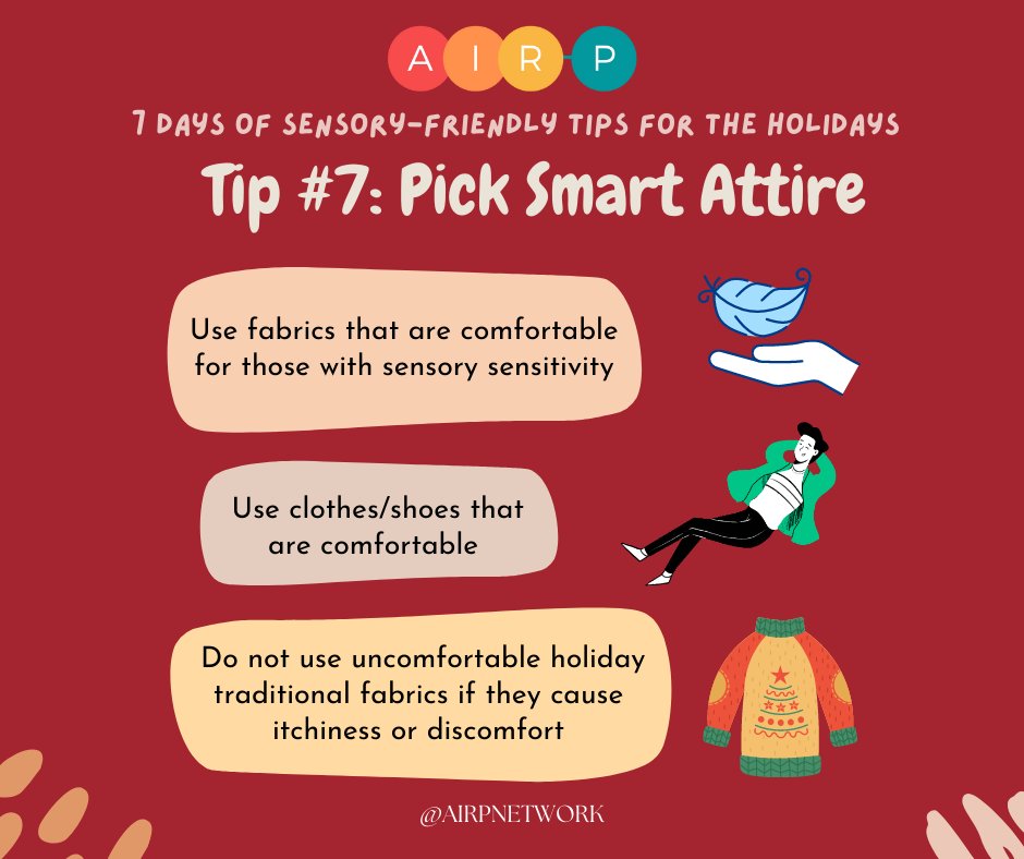 AIRPNetwork's tweet photo. Sensory-Friendly Tip #7 for the Holidays: Pick Smart Attire 👚👕

#autism #SensorySensitivity #SensoryFriendly #AutismSupport #SensorySupport #HolidayTips #AutismTips #AutismFamily #AutismFriendly #AutismResources https://t.co/nJaXBiyTpo