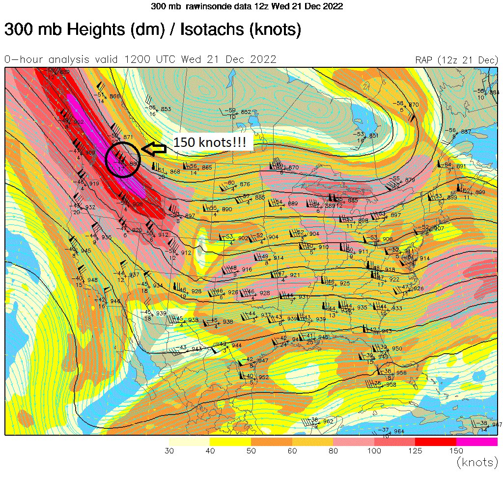 StormorKnot's tweet photo. I don't think I have ever seen an upper level observation of 150kts (~172 mph)! #wxtwitter #weather #extremeweather #threeflags #WinterStorm #WinterWeather #winter https://t.co/ZJ4hcsiRzE