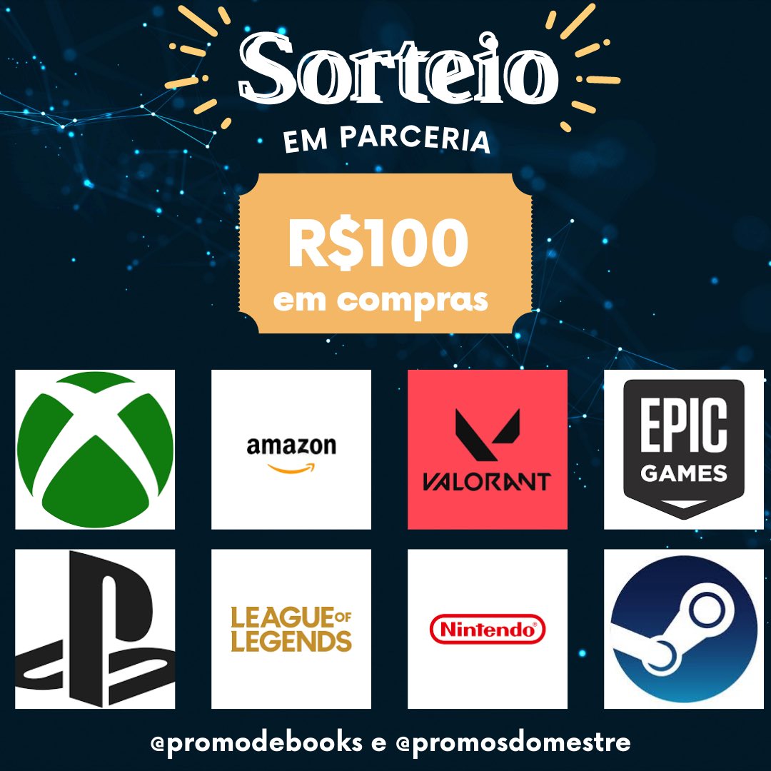✨ Sorteio Especial ✨ 

🏆 Prêmio
✨ UM vale compras de R$100 em uma das plataformas:
👉🏻 Xbox, Amazon, Valorant, Epic Games, PlayStation, LOL, Nintendo ou Steam 

↪️ Regras
• Seguir <a href="/promodebooks/">Promo de Books 📚</a> e <a href="/promosdomestre/">Ofertas Geek 🎮 Promoções e Descontos</a> 
• RT nesse tweet
• Comente a loja desejada

Resultado: 04/01!
