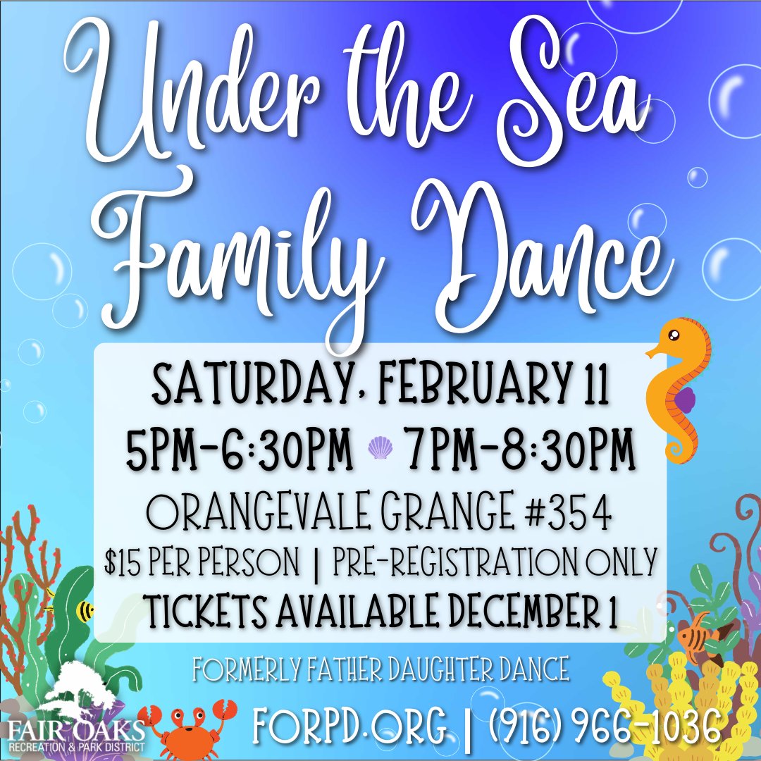 Tickets for the Under the Sea Family Dance are available now!  Click here to get yours: https://t.co/MikEmiCRJO
Space is limited in each dance, pre-registration is required.  Call (916) 966-1036 for more information. https://t.co/w40BjE0gDL