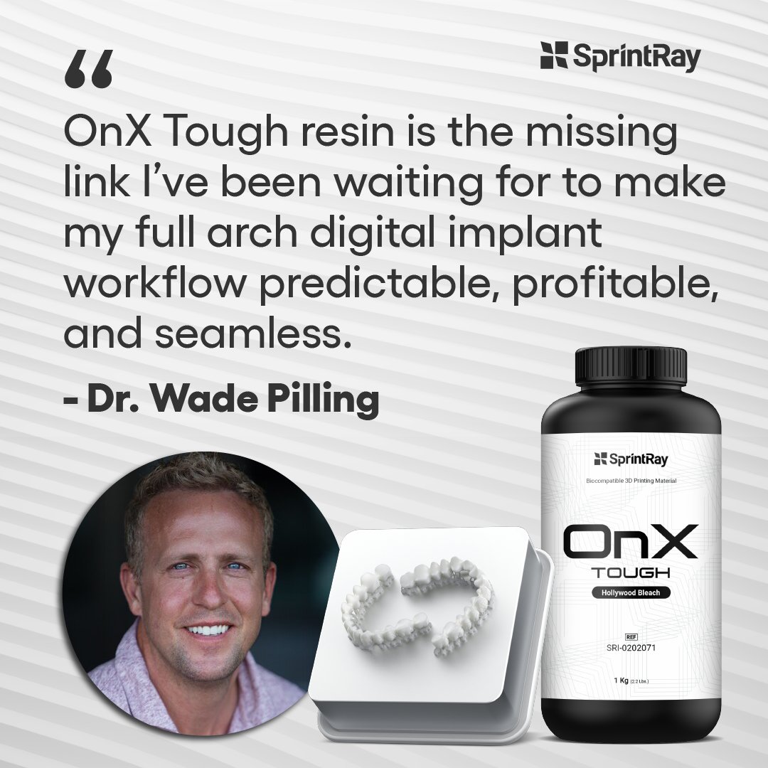 Dr. Wade Pilling 3D prints dental parts as part of a digital workflow that is “predictable, profitable, and seamless.” This includes OnX Tough, designed specifically for same-day prosthetics that are exceptionally aesthetic, 5X tougher and more profitable for dental practices.