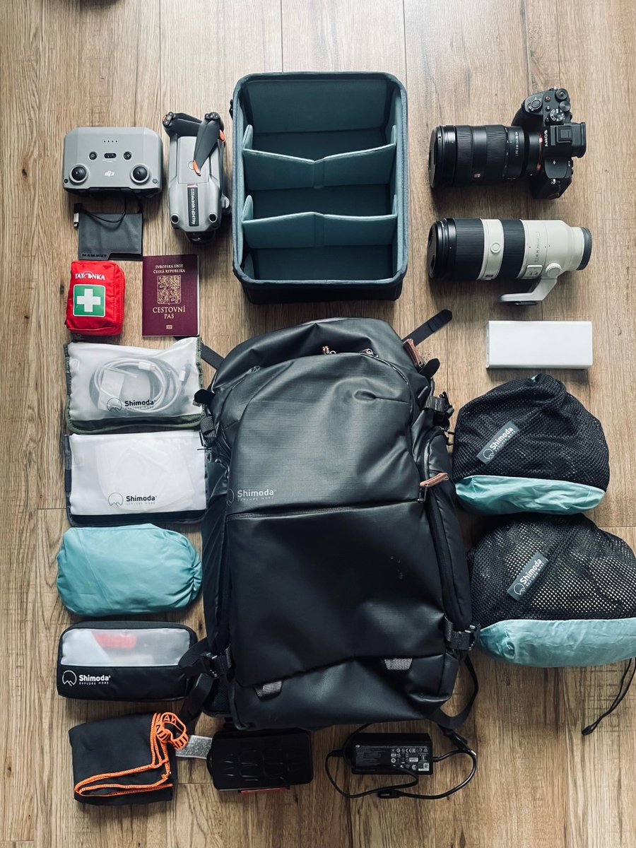 @kubamaciolek Explore 25 packed full! - Explore 25 - Travel Pouch x2 - Rain Cover - Accessory Pouch - Stuff Sack Kit - Small Mirrorless Core Unit #sonya7 #gseries #camerabag #toodown #flatlay #travel #london