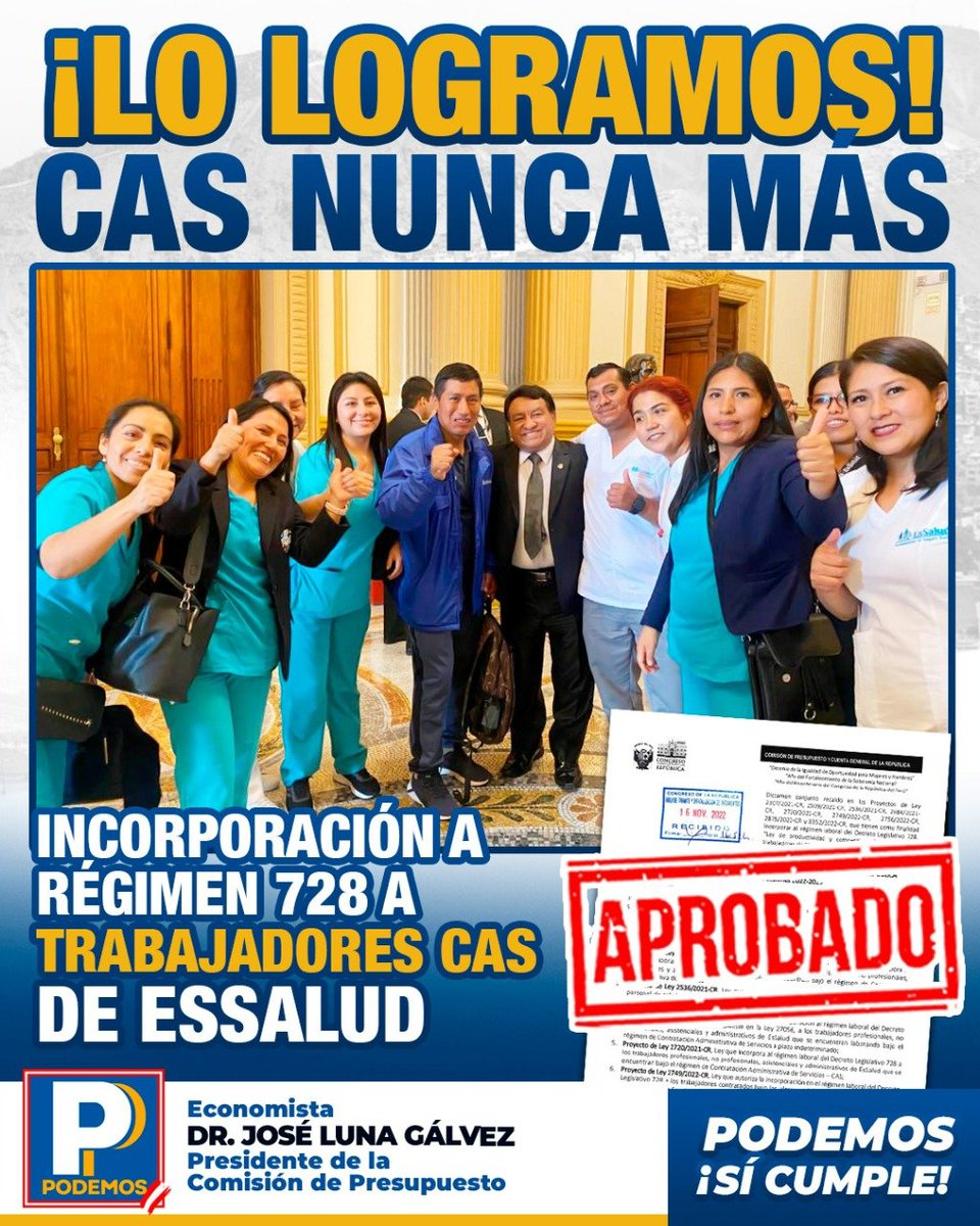 JOSELUNA_G's tweet photo. #PromesaCumplida
Hoy el @congresoperu aprobó el dictamen de la #ComisiónDePresupuesto que pone fin al régimen laboral CAS en @EsSaludPeru. Más de 5M trabajadores pasarán a 728 luego de varios de años de lucha. Recibirán los beneficios que merecen todos los trabajadores 🇵🇪 (1/2) https://t.co/uB15KJWMEe