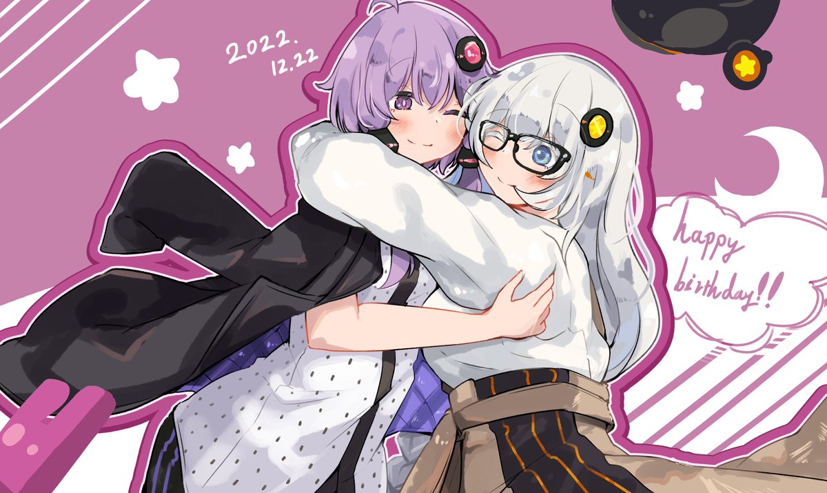 kizuna akari ,yuzuki yukari multiple girls 2girls purple hair one eye closed hug jacket on shoulders glasses  illustration images