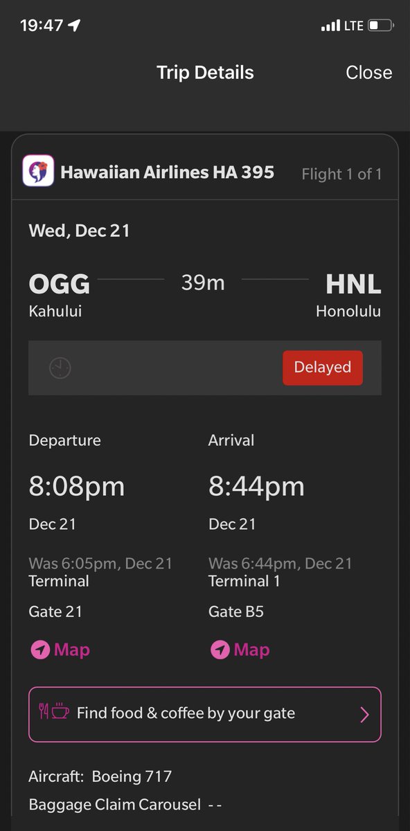 KyleVain's tweet photo. @HawaiianAir Thanks! The app says something different, and the airplane doesn’t appear to be here in Maui yet. 12-minutes until departure and no announcement made in the terminal. Are we to assume that there will be yet another delay? https://t.co/tWJQqT2sBd
