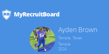 MyRecruitBoard's tweet photo. 2024 Ayden Brown 
@theyknowab
Temple, Texas
Temple
@AStateFB
6'1", 260, 5.0
TE DT  
 Profile Views by College Coaches: 63
https://t.co/BAni5mV2RU https://t.co/sslaIgRLTY