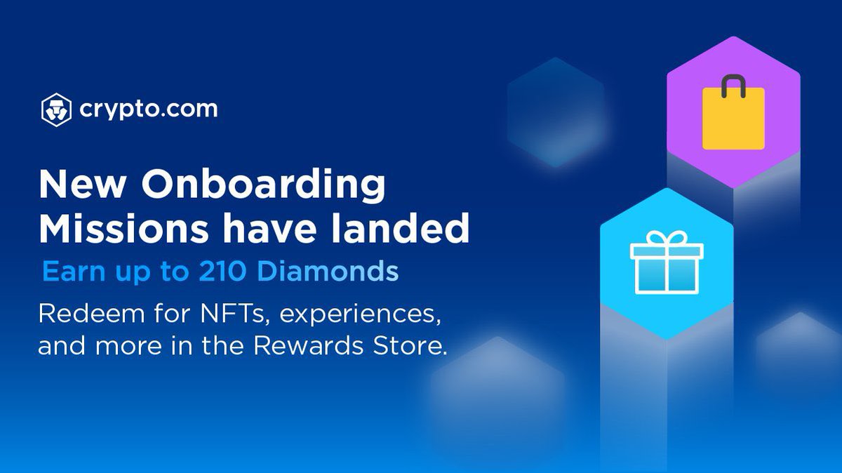 We have a new set of Missions for you! 🚀

Get rewarded with Diamonds 💎 by: 
1️⃣ Staking CRO to reserve a Crypto.com Visa Card
2️⃣ Depositing US$100 into your Fiat Wallet
3️⃣ Purchasing a Pay Gift Card
4️⃣ Spending at any Pay Catalogue store