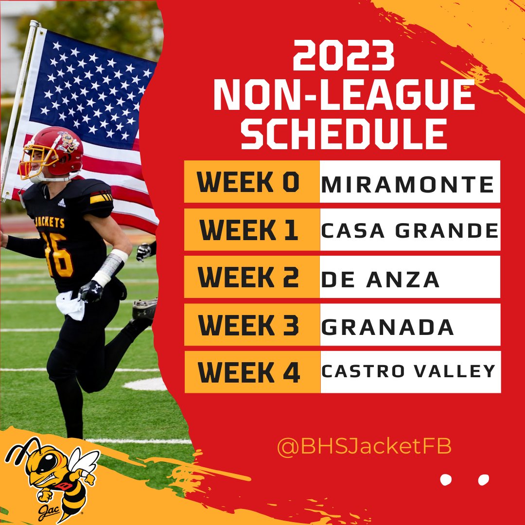 Sneak Peek! 
Fall 2023 non-league schedule. <a href="/MiramonteFootb1/">Miramonte Football</a> <a href="/Casa_Football/">Casa Grande Football</a> <a href="/DADonsFootball/">De Anza Dons High School Football</a> <a href="/Granada_FB/">Granada High School Football</a> @cvfbtrojans 

Specific dates/times TBD. Let's get it! #THEBUZZISBACK #GoJackets #DTH
<a href="/CoachPerry2012/">Coach Perry</a> <a href="/BHSjacketSports/">BHS ATHLETICS</a> <a href="/westcoastpreps_/">West Coast Preps</a> <a href="/AccoladeHassan/">Accolade Sports Media</a>