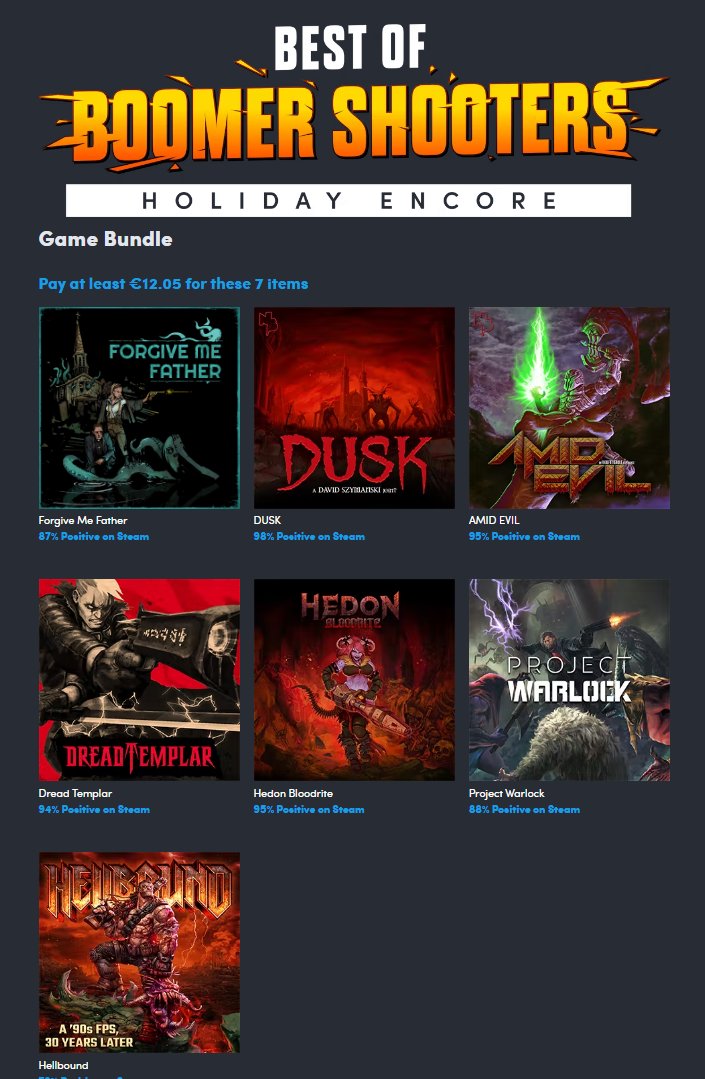 Time's running out on the Holiday Encore of the Best of Boomer Shooters Bundle! We're excited to see Project Warlock among other awesome boomer shooters! Be quick and get it here: cutt.ly/f0J4vNx @Humble #fps #indiegames