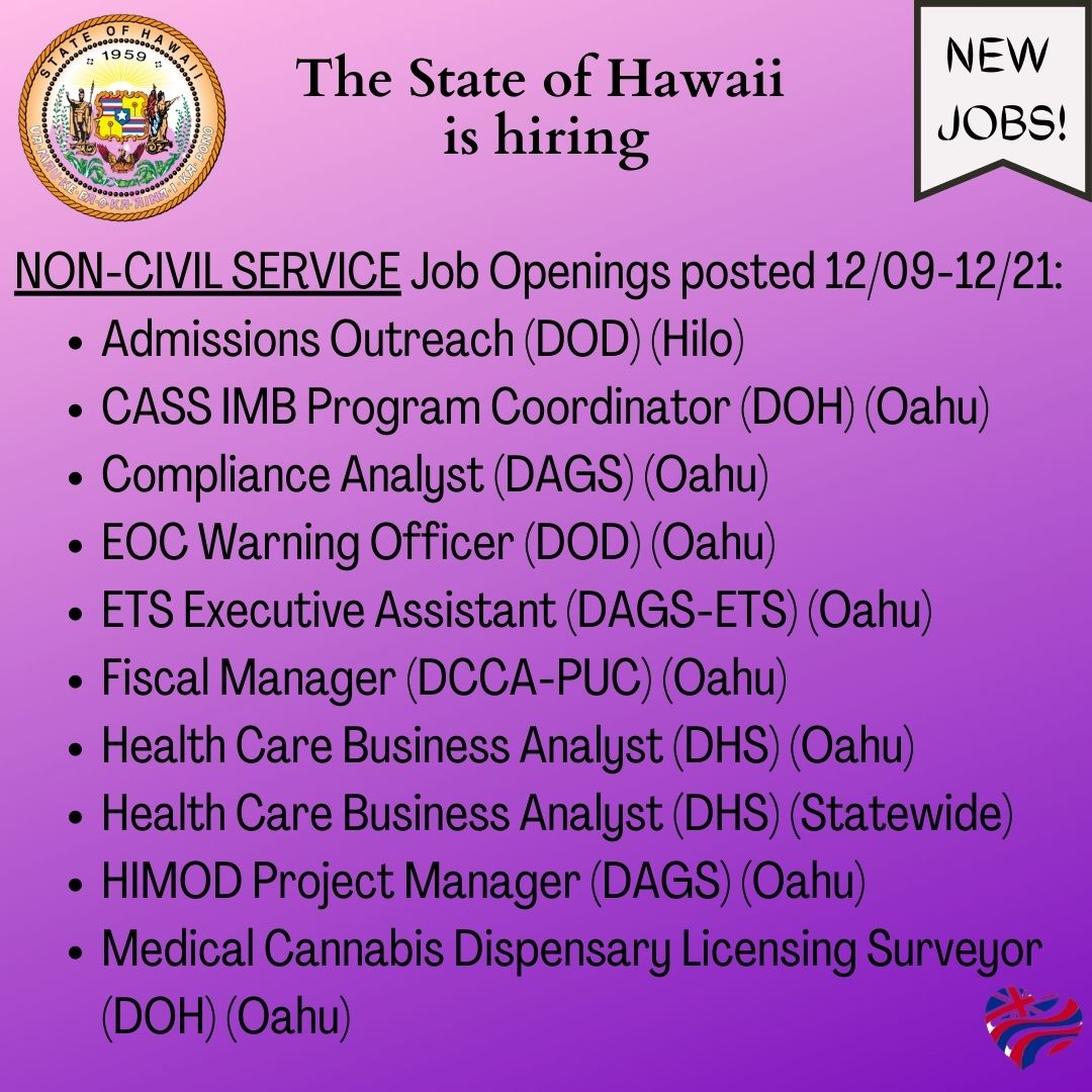 The State of Hawaii is #hiring for #noncivilservice positions. Please visit jobs.hawaii.gov/careers for more information. @hawaiiDOH @hawaiitag @dccahawaii 

#hawaiiishiring #stateofhawaii #statejobs #oahujobs #hilojobs #jobopenings #recruitment #noncivilservice #publicservice