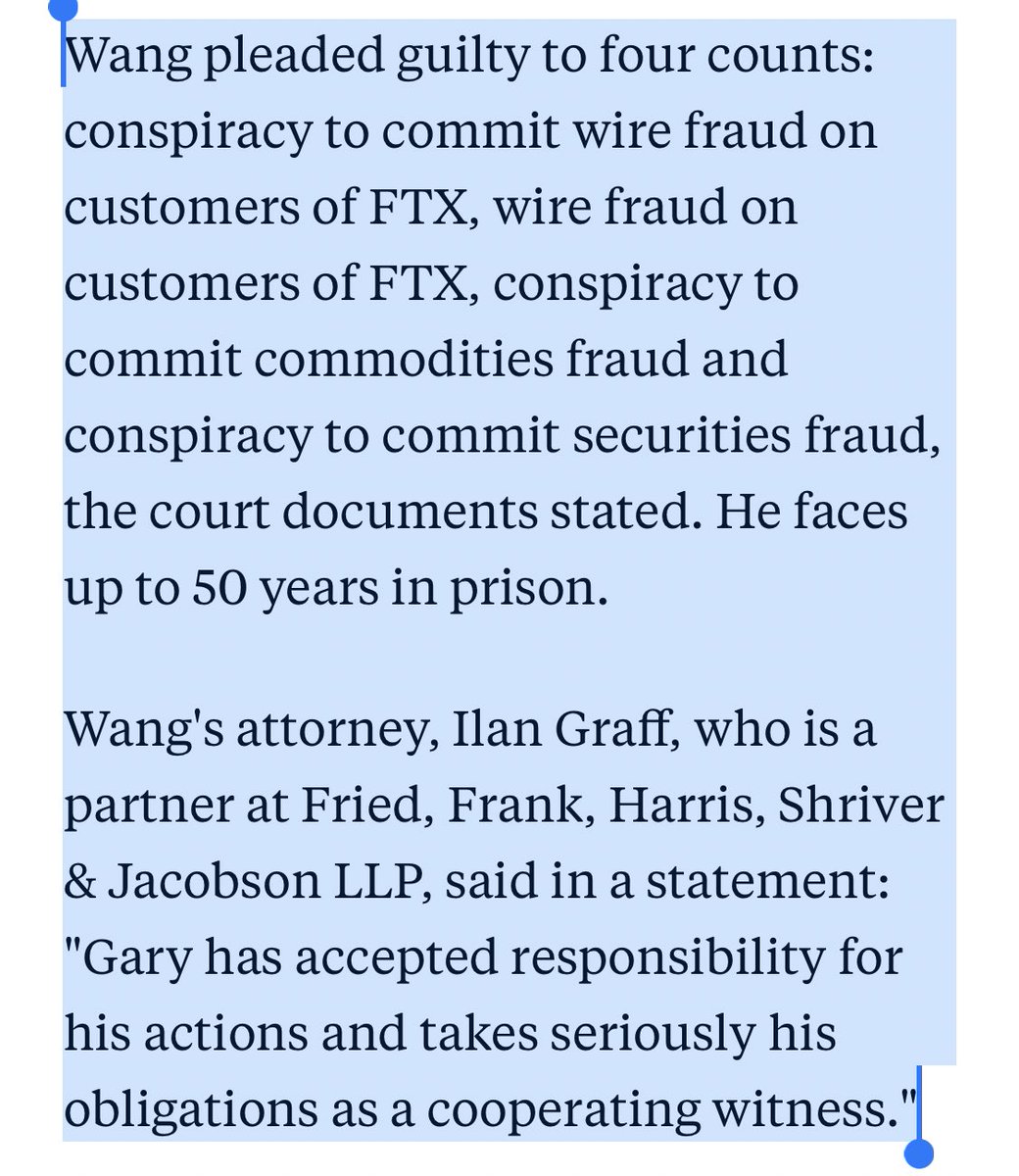 BREAKING: Caroline Ellison plead guilty to seven charges and faces a maximum sentence of 110 years. 

Gary Wang plead guilty to four charges and faces up to 50 years. 

abcnews.go.com/US/sam-bankman…