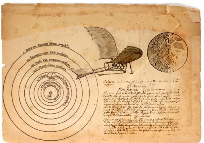 marsrader's tweet photo. John Wilkins, a 17th century British inventor (and Oliver Cromwell's brother-in-law) wrote two books about traveling to the Moon, and conceived of a winged vessel propelled by gunpowder. https://t.co/uiGUlTTAF6