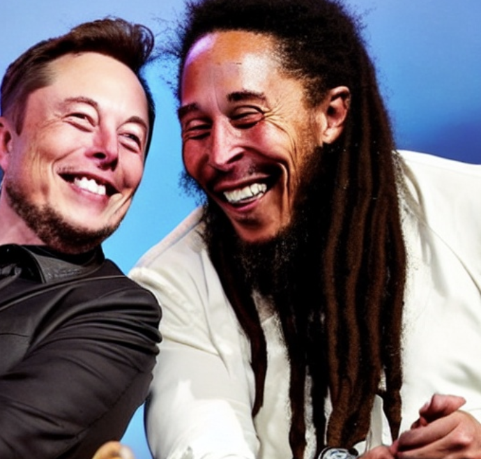 web3Tantrum's tweet photo. @elonmusk I typed "elon musk and bob marley laughing" on open ai. here were the two best pics in my opinion https://t.co/EWlR2Tmfkf