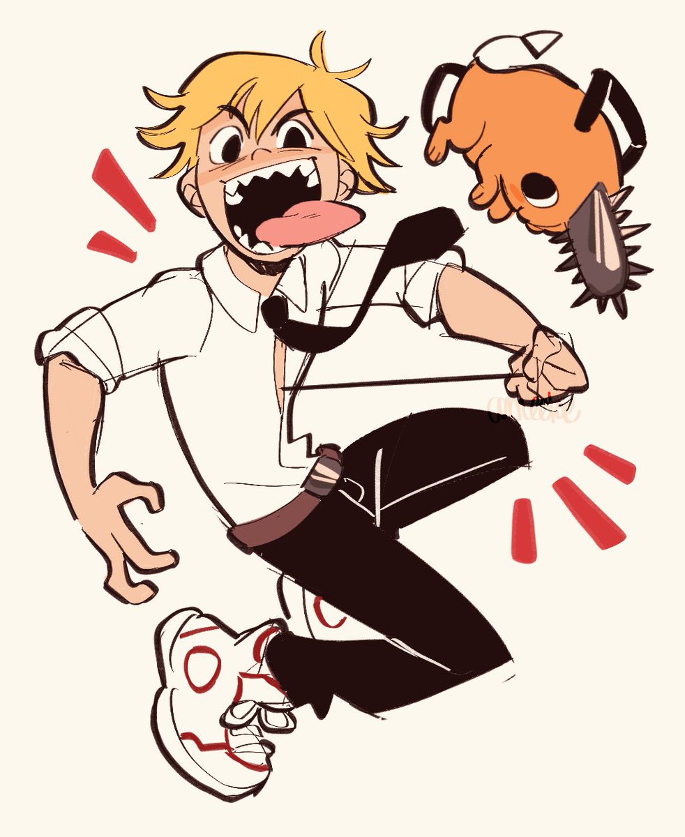 denji (chainsaw man) ,pochita (chainsaw man) 1boy black necktie blonde hair necktie tongue shirt white shirt  illustration images