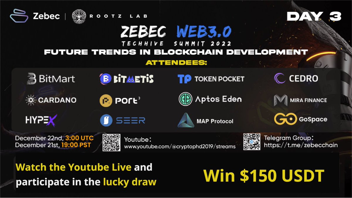 🔥 Some say we're saving the best for last! Tune in now for the LAST DAY of Zebec's #TechHiveSummit2022! Top #Web3 projects are laying down the future for 2023 and beyond. 💎Watch the Youtube live broadcast and win $150 USDT!💎 📺Watch on YouTube ⤵️ youtu.be/hlPWlZ7QM0c
