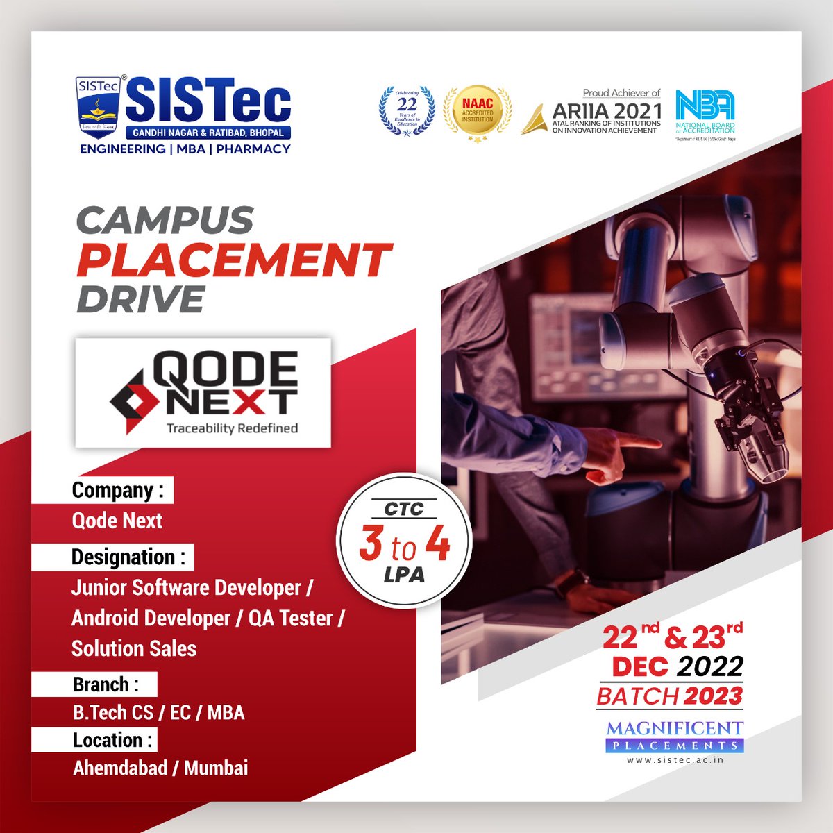 SagarCollege's tweet image. Campus #PlacementDrive Alert🎯🚨
Company: #QodeNext
Designation: #JuniorSoftwareDeveloper/ #AndroidDeveloper / QA Teaser / Solution Sales
Date: 22nd & 23rd December 2022
Branch: B.Tech - CS/EC & MBA (Batch 2023)
Location: Ahmedabad & Mumbai
Package: 3 - 4 LPA