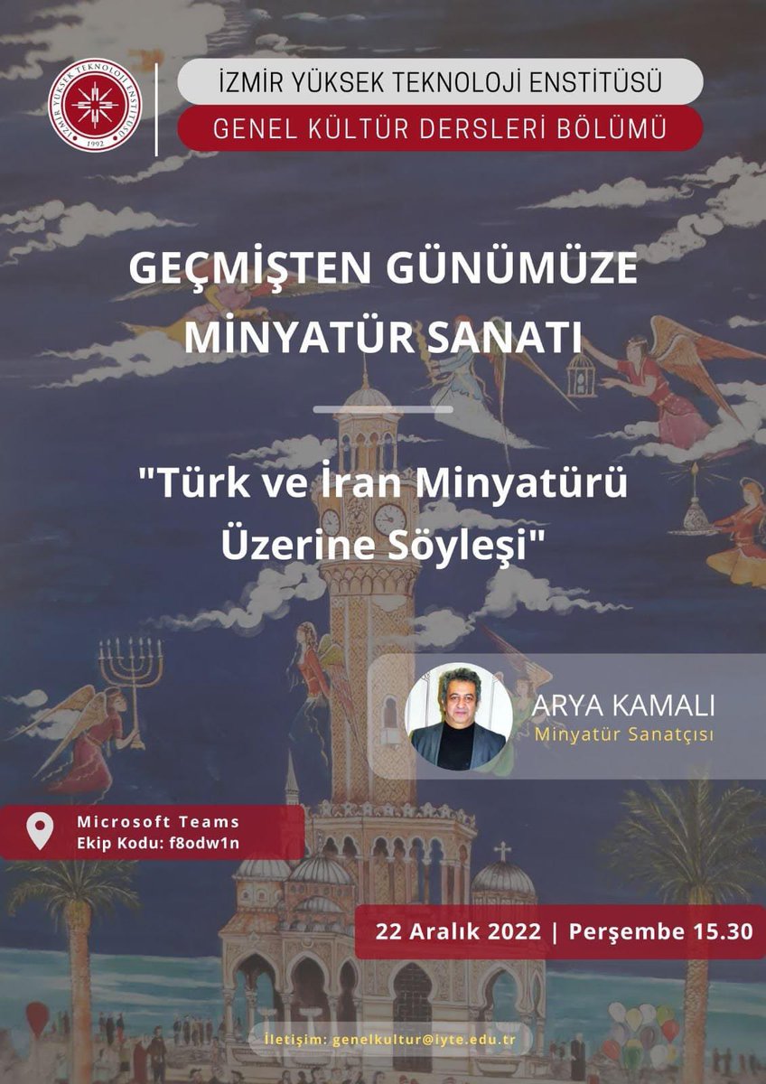 Uzun yıllardır İzmir'de yaşayan çağdaş minyatür sanatının temsilcilerinden Arya Kamalı ile çevrim içi ortamda düzenleyeceğimiz söyleşimize ilgilenen herkesi bekleriz🌿 

Tarih: 22 Aralık Perşembe, saat 15.30