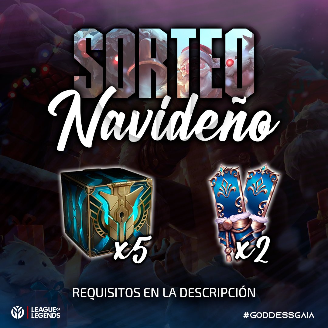 ¡Ya mismo se termina el año y que mejor manera de terminarlo con un sorteo!👀🔥

➡ 2 Pases de LOL Favor del Invierno de 1650RP
➡ 5 Cofres Hextech

¿Cómo participar?

-Sigue la cuenta de Twitter de Gaia Gaming.
-Like &amp; RT a la publicación ❤
-Etiquetar a 2 amigos

#GoddessGaia