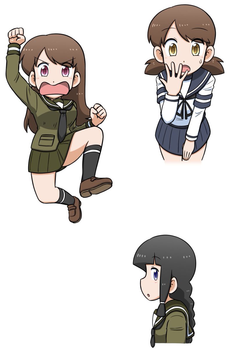 shirayuki (kancolle) multiple girls 3girls school uniform brown hair serafuku black hair twintails  illustration images