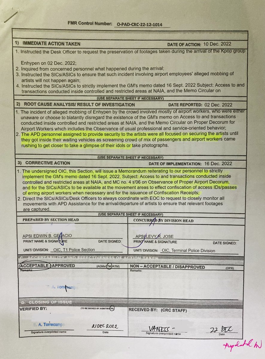 AsiaEnhypen's tweet photo. Re: EN- MOBBING INCIDENT AT NAIA

ENGENES, we just got these documents a few minutes ago from Manila International Airport Authority. The incident report and the course of action that was done in relation to the incident are included in these documents.

Please see attached photo https://t.co/lBRM29PUhB