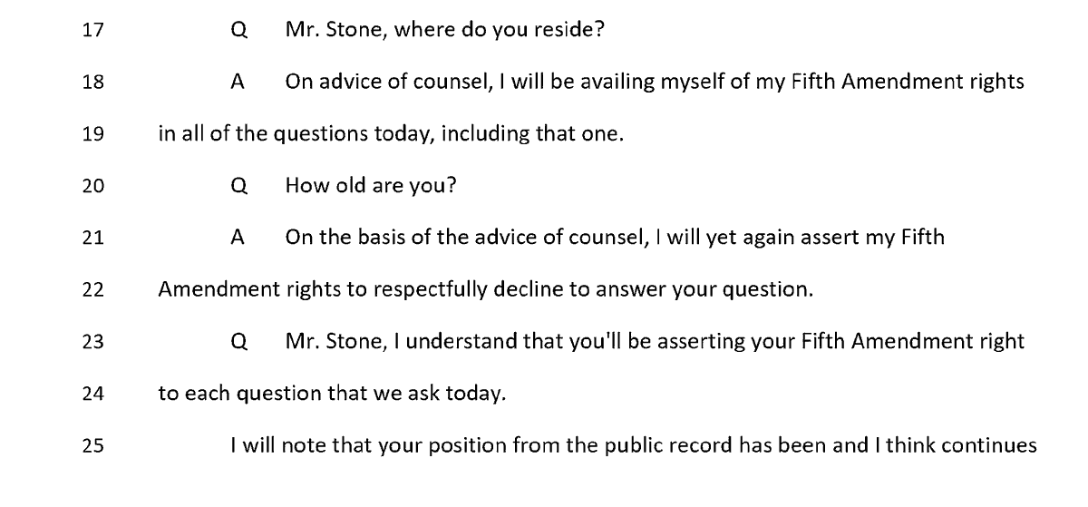 benryanwriter's tweet photo. This is Roger Stone's #January6thCommittee testimony. He opens by pleading the 5th about where he lives and his age and continues pleading the 5th from there. When they finally ask him if he's going to plead the 5th about every question, he pleads the 5th.
https://t.co/bL9DJWEx0k https://t.co/JIUGQiJDFe